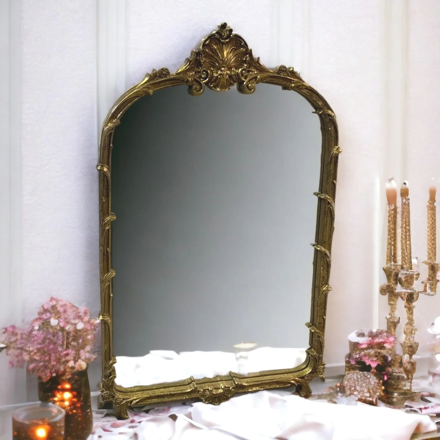 Vintage French Rococo style gilded wood mirror arched gold mirror customizable for wedding
