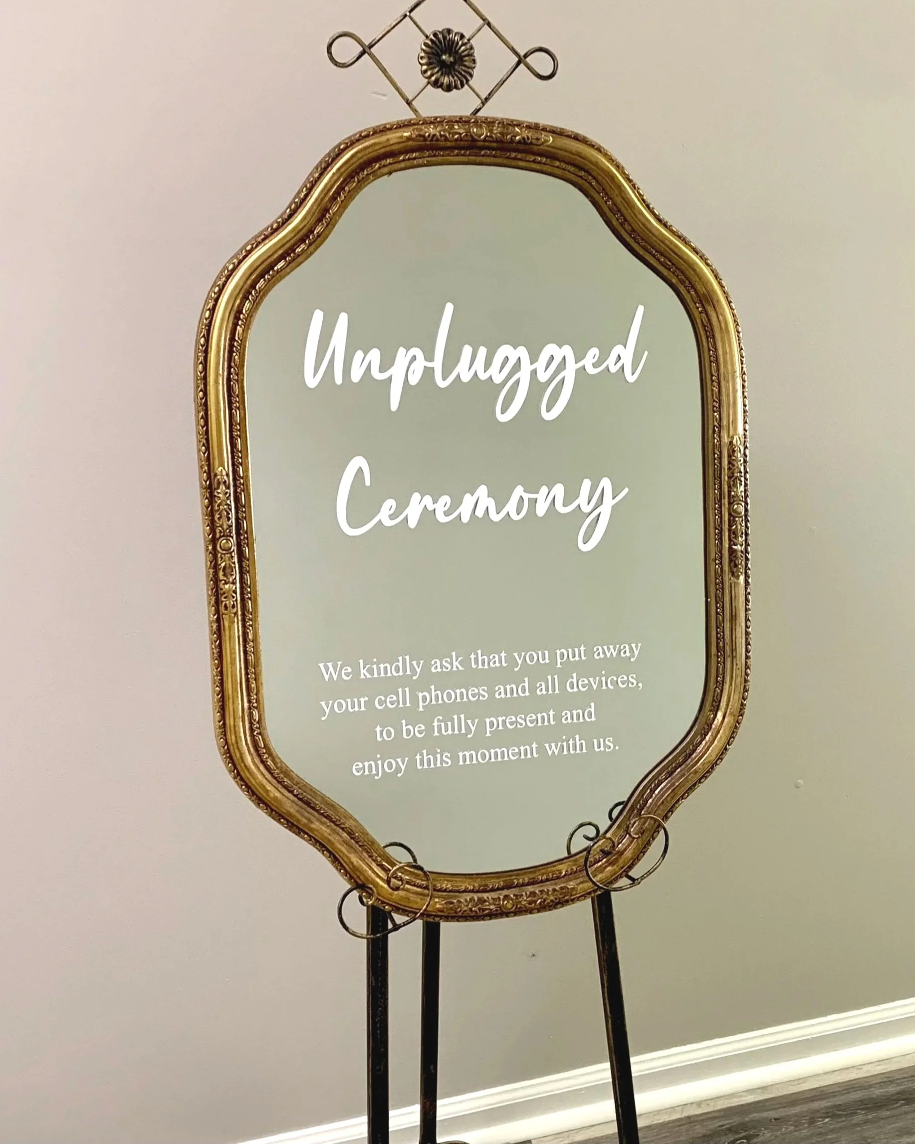 Vintage art deco style gold mirror Unplugged sign rental for wedding