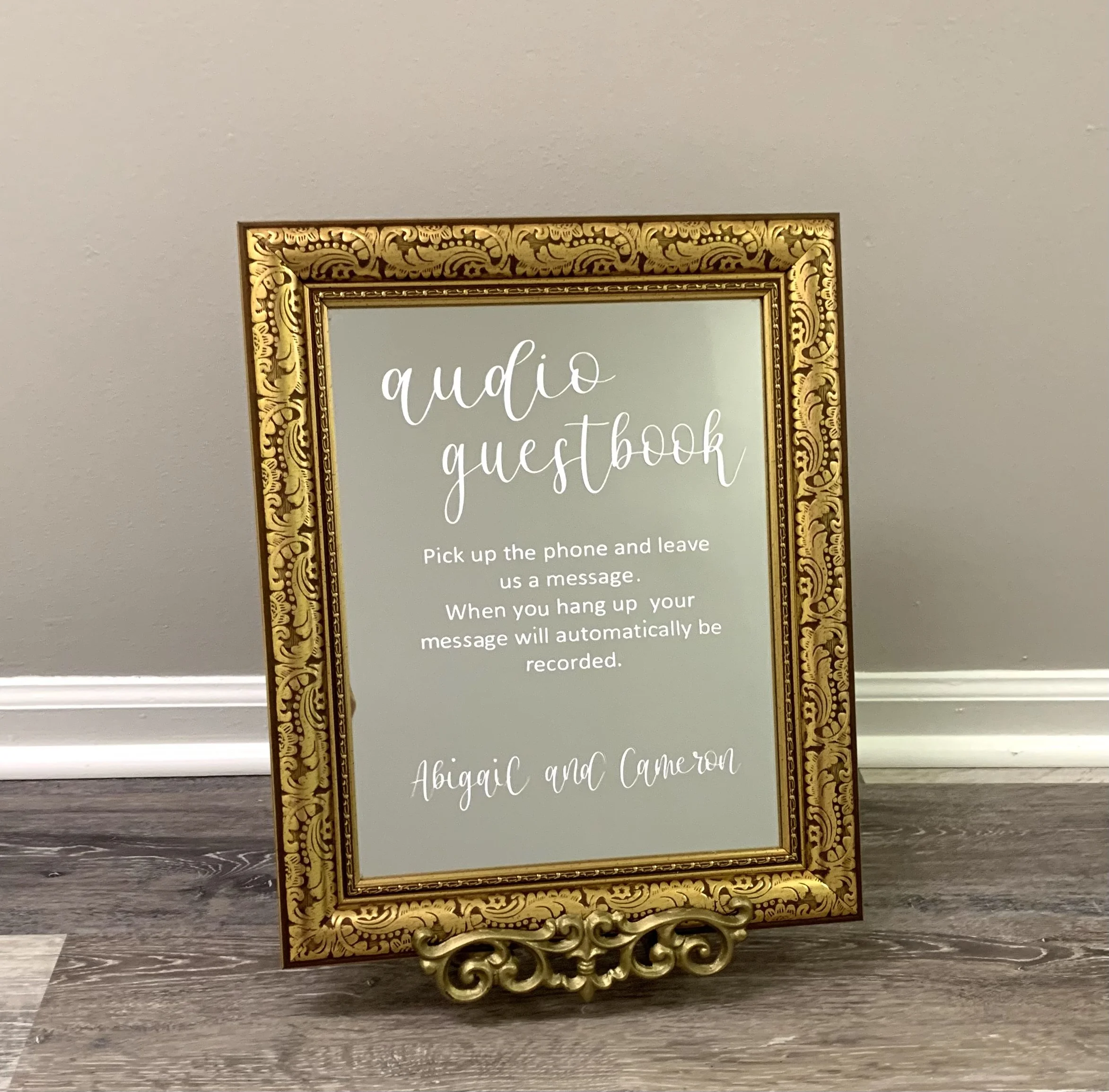 vintage gold audio guestbook mirror for wedding rental