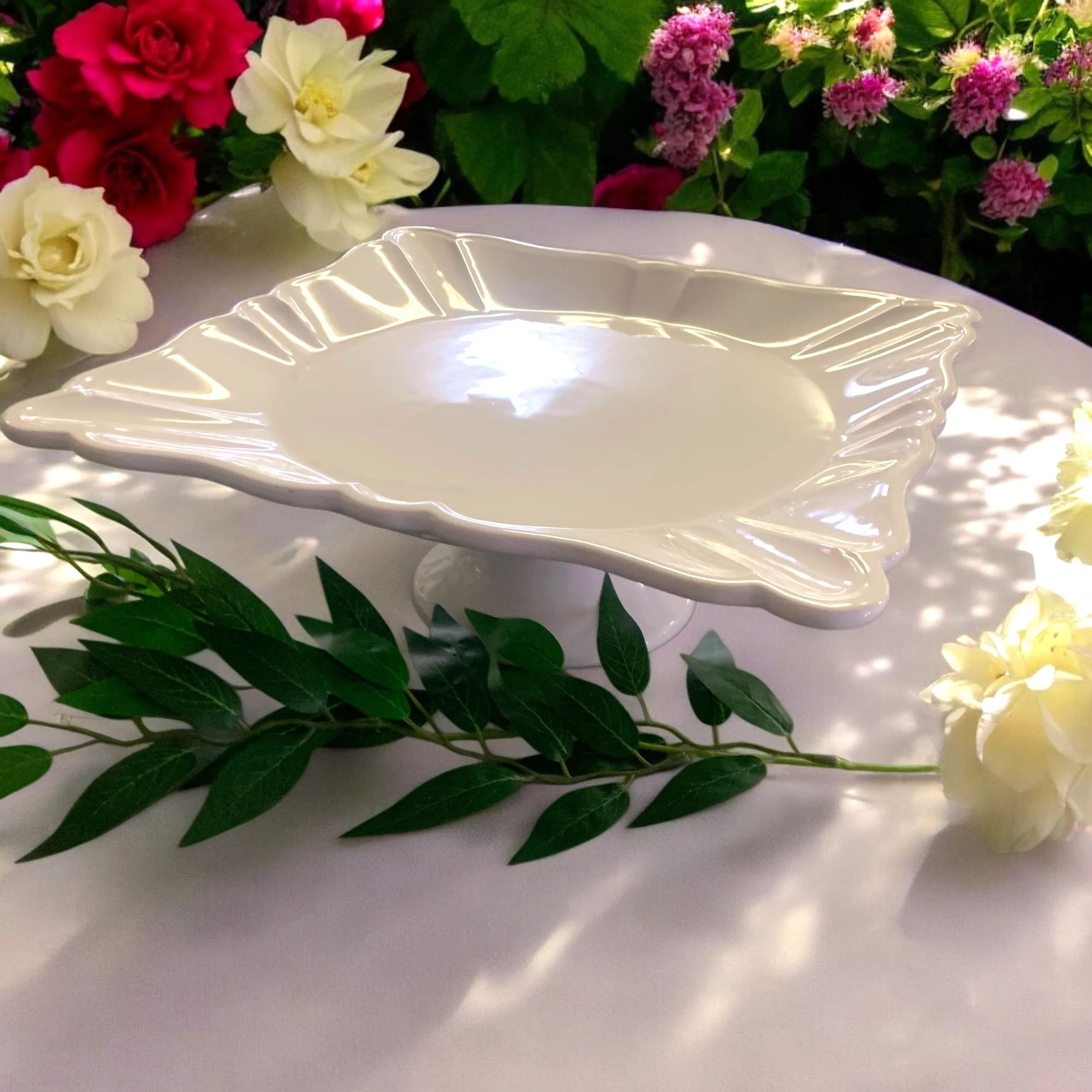 Cake stand white ceramic fluted edge square for dessert display