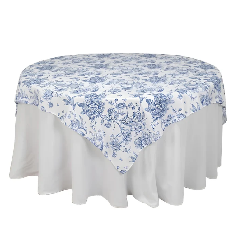 Blue French Toile square tablecloth or table overlay  70 x 70 inches