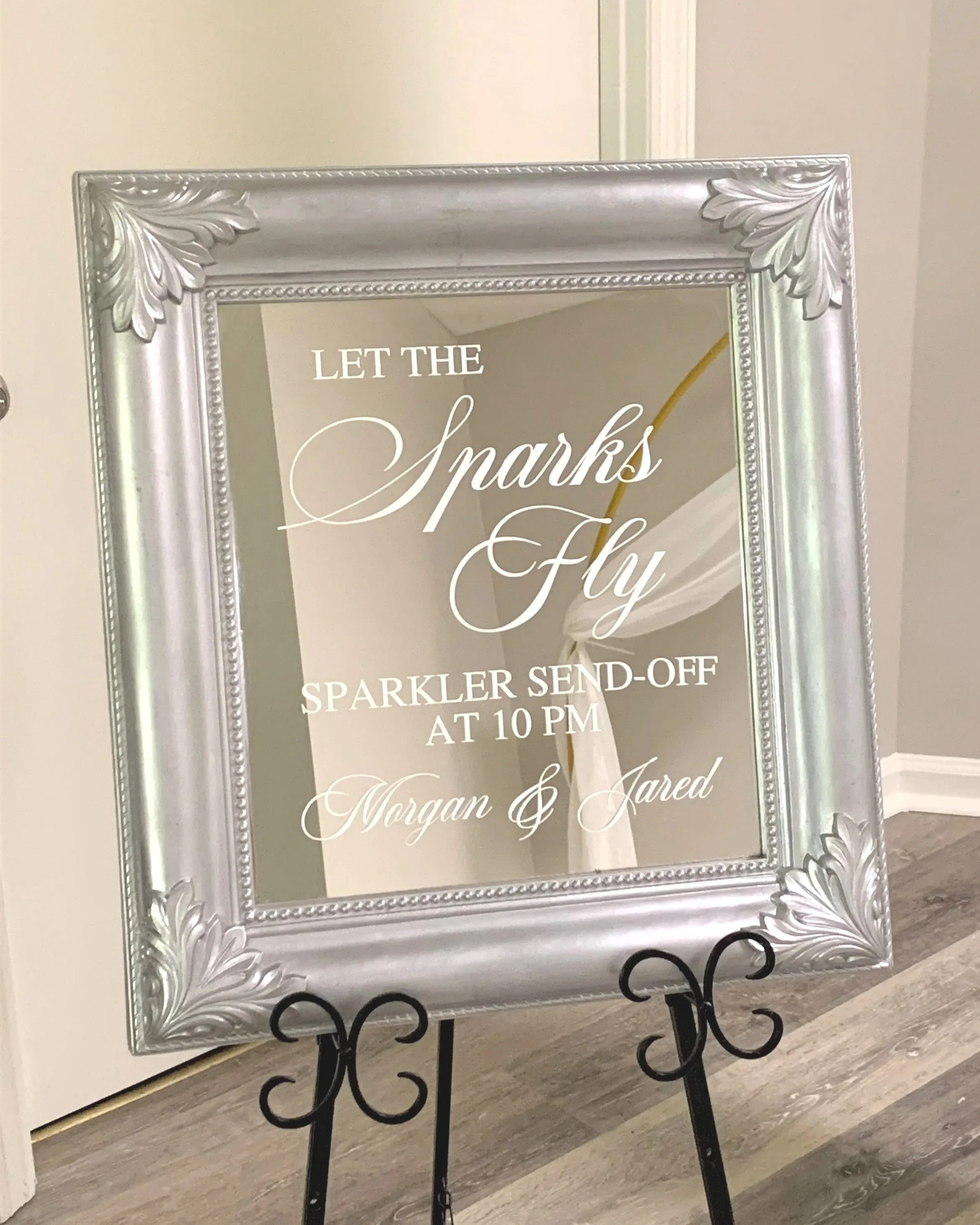 Silver vintage mirror sparkler sign for newlywed send off