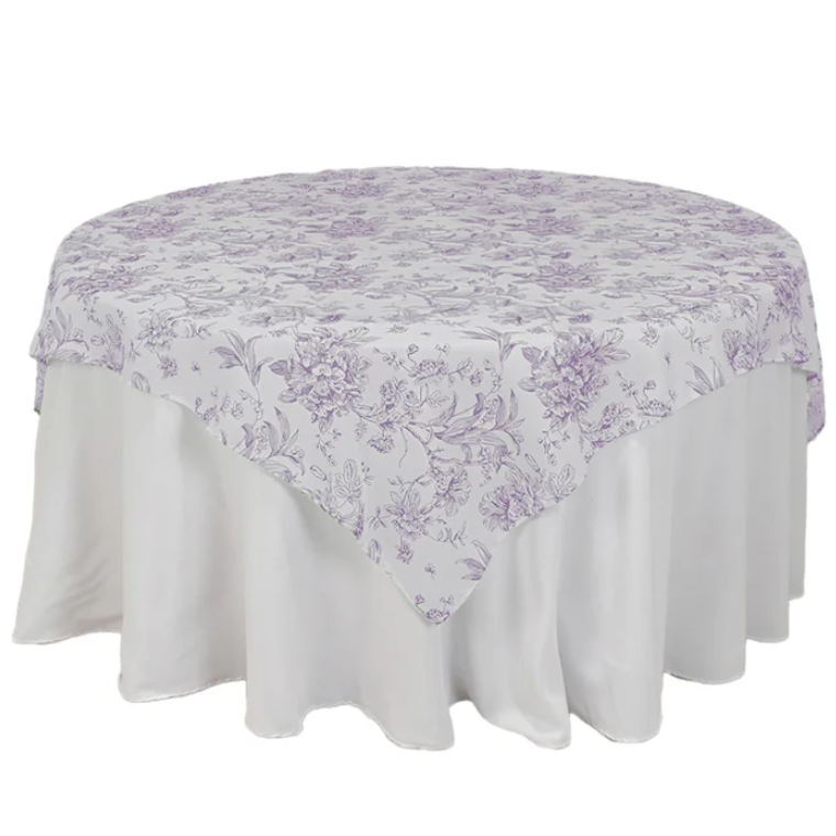 Lavender French Toile square polyester tablecloth or table overlay 70 x 70 inches