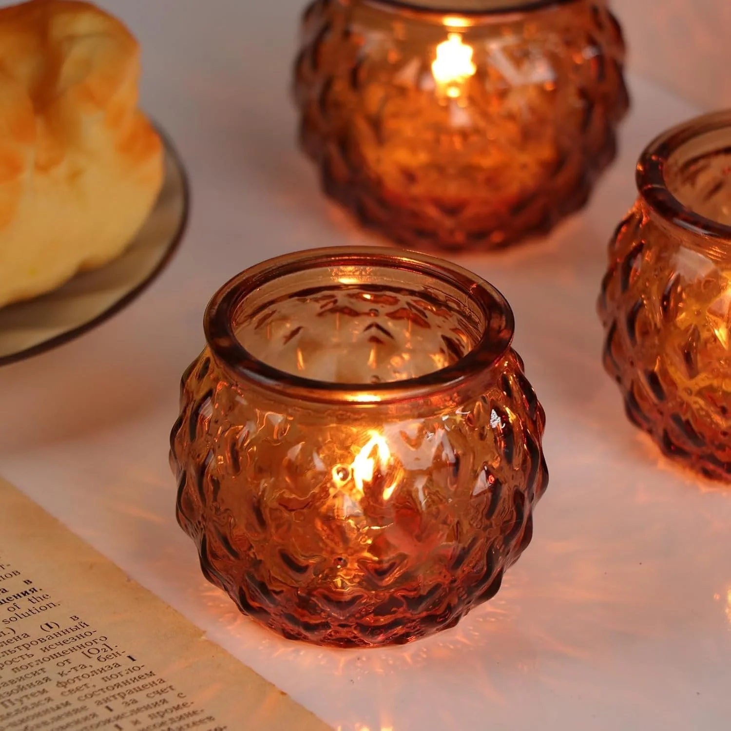 Tealight Candle holder, amber glass, round votive.jpg