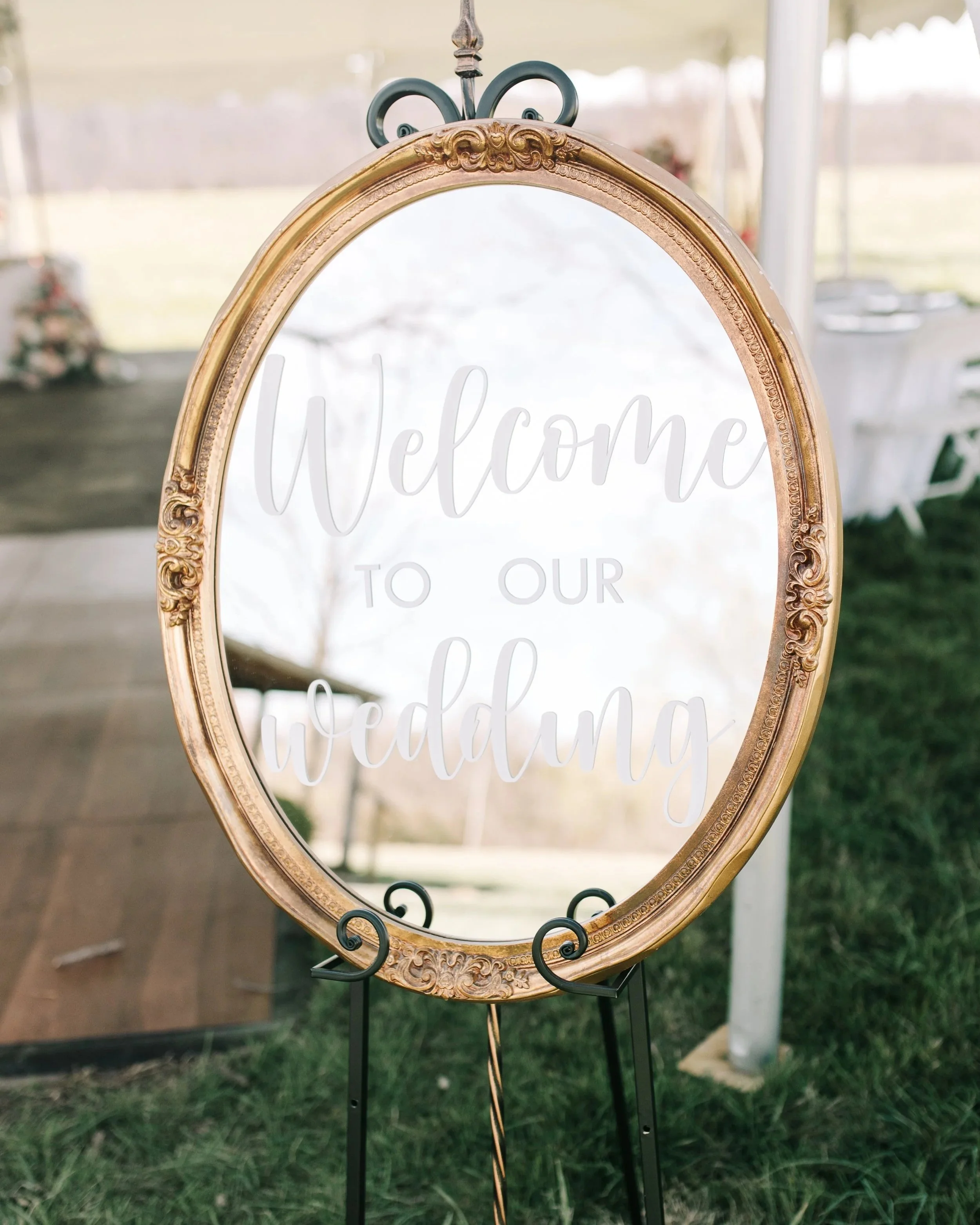 Medium sized gold gilded vintage oval mirror for wedding, anniversary, baby or bridal shower