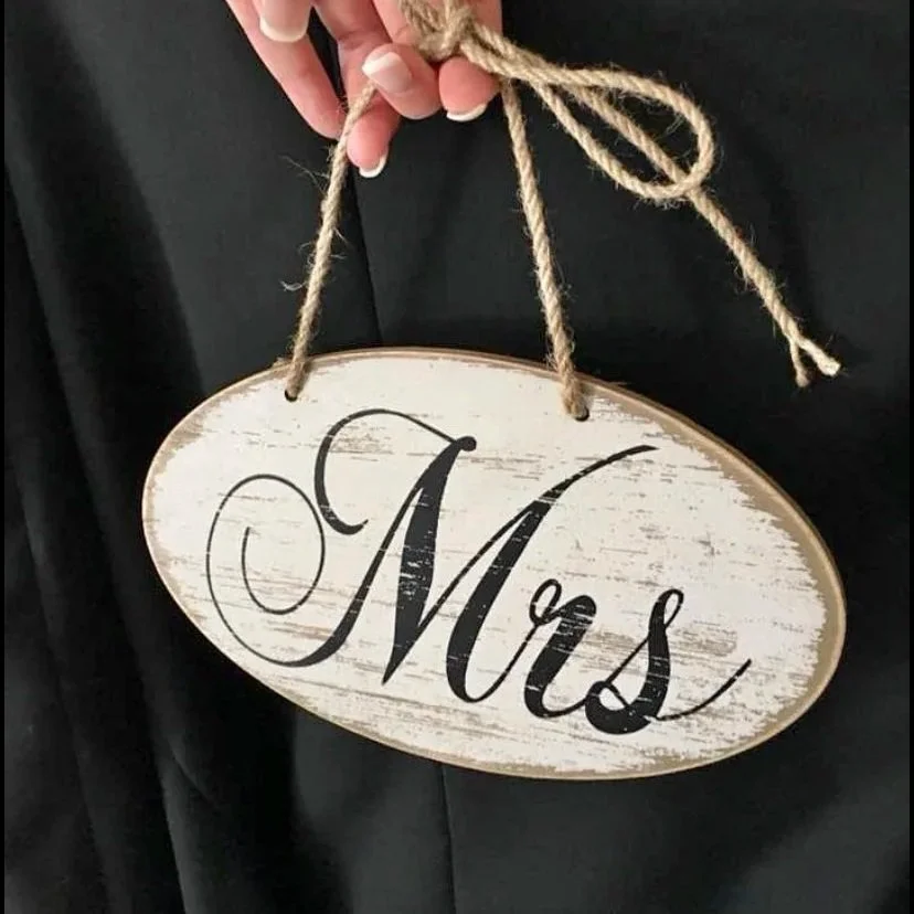 Mrs hanging sign for bride's chair at wedding distressed wood