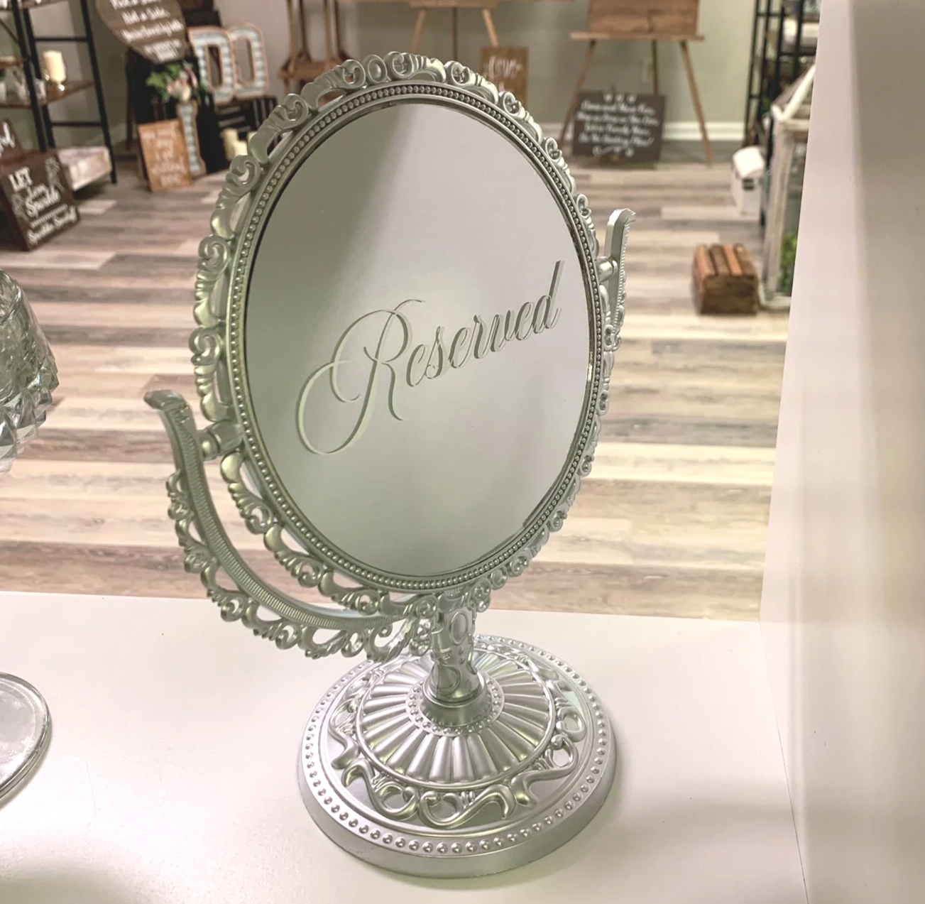 Silver reserved vanity mirror sign for wedding