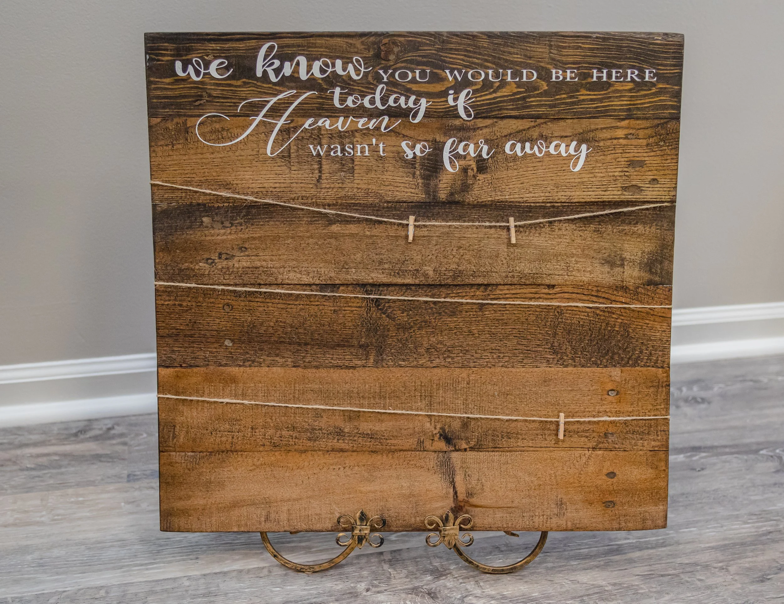 heaven wooden pallet board sign with twine for hanging photos