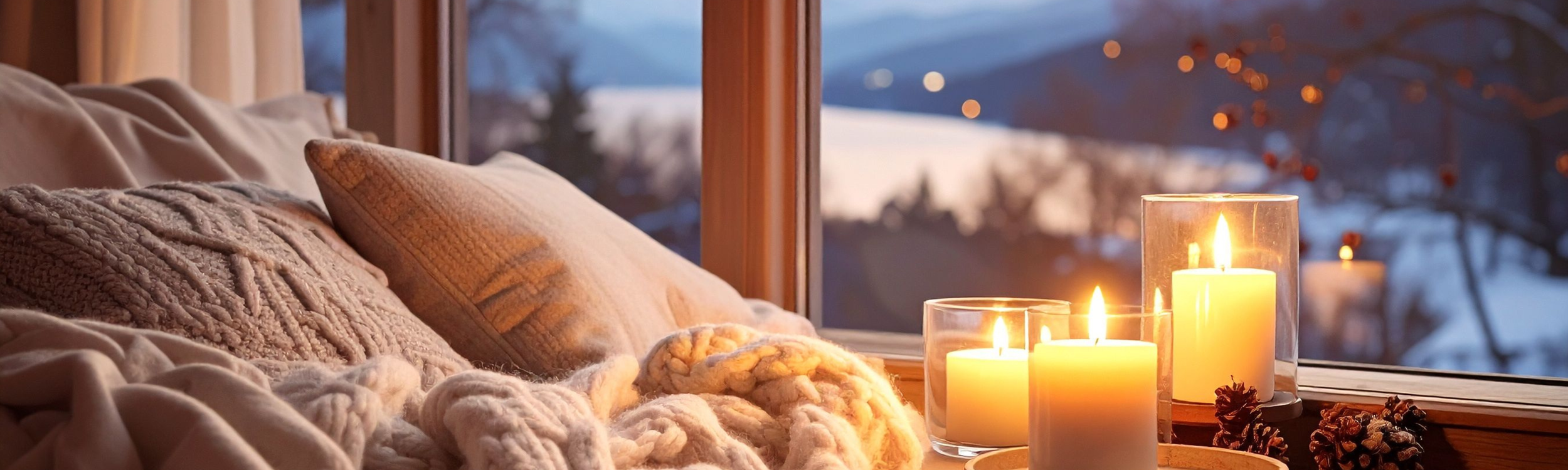 Cozy candles glowing by a window at dusk, creating a calm atmosphere for a nervous system reset.