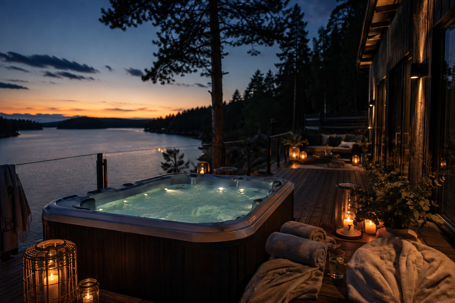 Relaxing evening by the jacuzzi at Calm Estate
