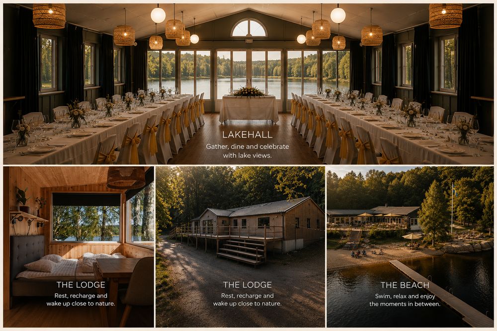 The Beach, LakeHall, waterfront and guest houses at Calm Estate