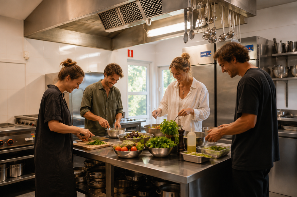 Guests cooking together at Bockaberg