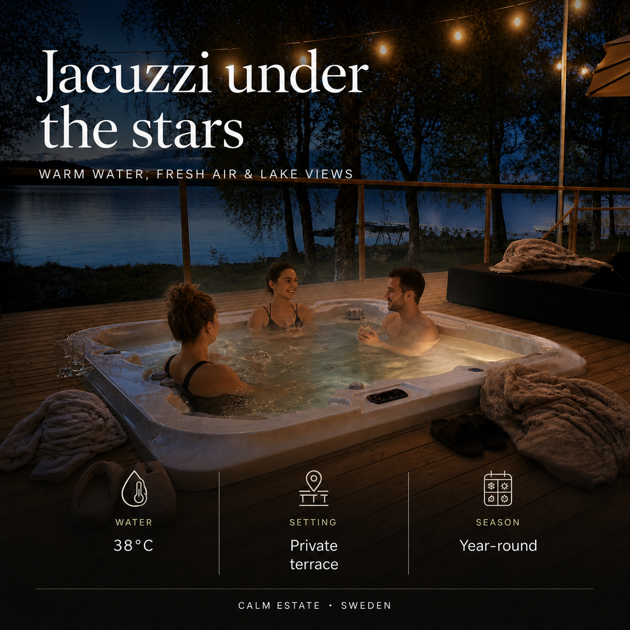 Jacuzzi under stjärnhimlen på Calm Estate