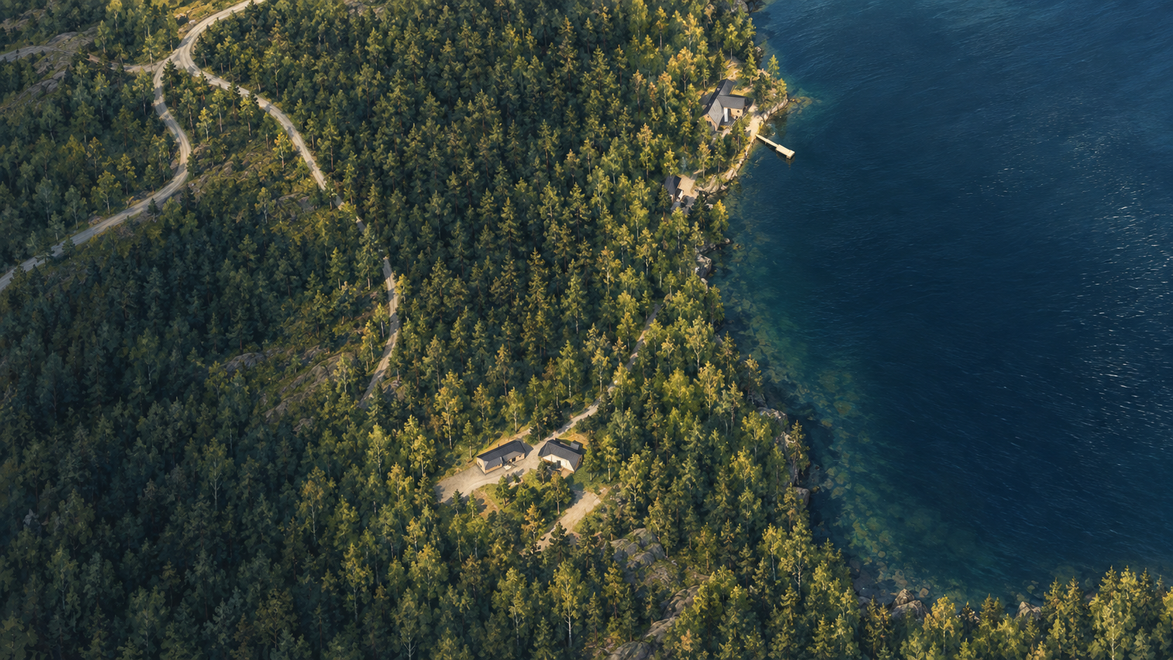 Illustrated overview of Bockaberg: the Ladhus houses on the wooded hill and The Beach beside Lake Uspen.
