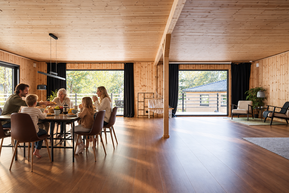Illustrated family breakfast in the timber interior of Ladhus