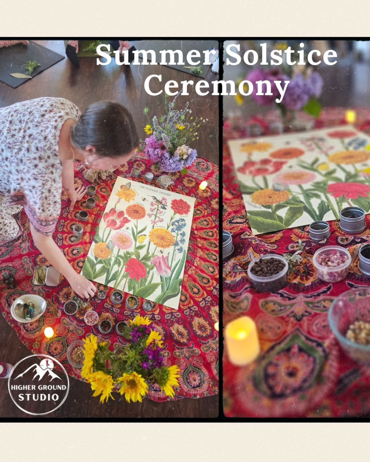 🌞✨ Reflecting on our magical Summer Solstice Ceremony last weekend! After a grounding yoga flow indoors, we came together to create a despacho! A sacred bundle filled with heartfelt prayers, herbs, offerings, glitter, and blooming flowers. Like a sn