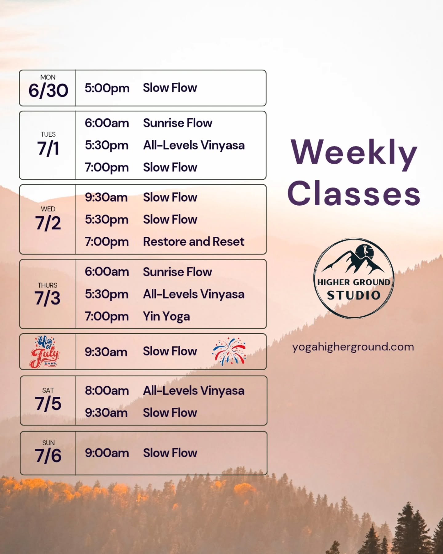 🌟UPDATE🌟
Schedule for the week, yogis! 🌟
🎆 ONE class on July 4th at 930am! Enjoy the holiday!
🌿 Thursday 7pm Yin Yoga with Blaire
🌞 Join us Sunday for one Slow Flow class at 9am
Stay tuned for exciting events coming up in July! 🥰
See you