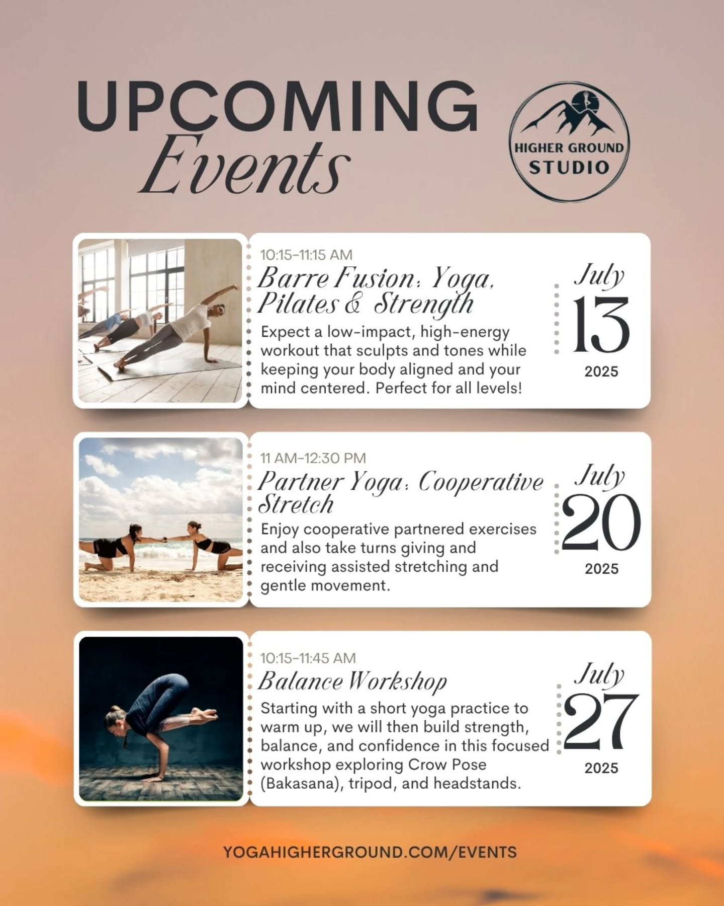 🌟Upcoming events/workshops for July! 🌟
July 13
Barre Fusion: Yoga, Pilates & Strength with Sema
10:15 AM-11:15 AM
July 20
Partner Yoga: Cooperative Stretch with Carolyn
11 AM-12:30 PM
July 27,
Balance Workshop with Sema
10:15 AM-