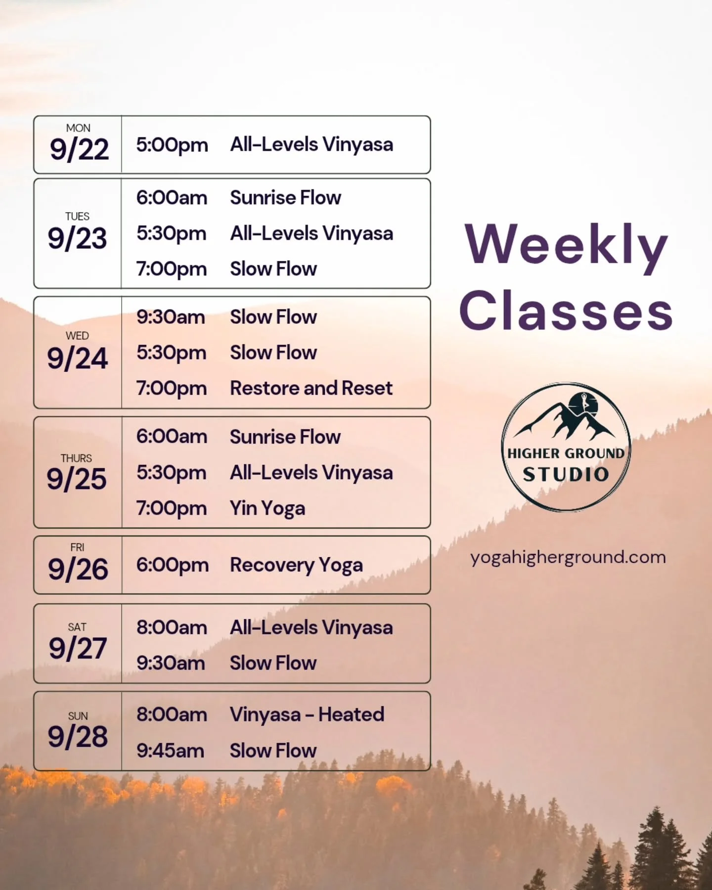 Classes regularly this week!
See you on the mat, yogis!🫶🏼

🌟NEW (OR RETURNING) STUDENTS
Enjoy 3 months of unlimited yoga for just $247&mdash;a $50 savings
Available until 10/15🌟

Head to our website for more info!💜
