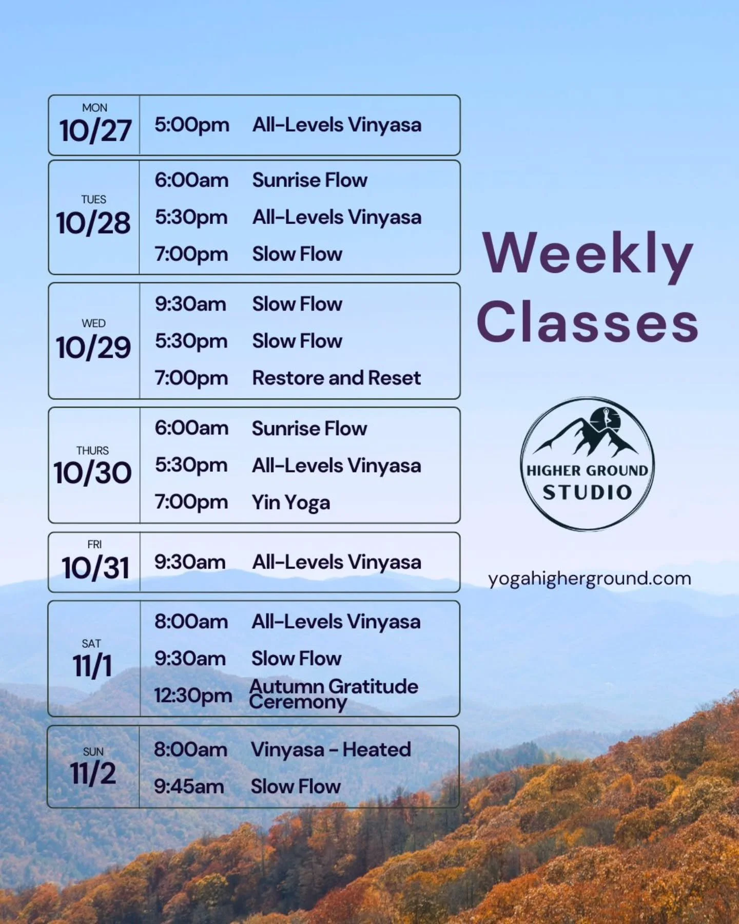 This week at the studio!
Updates ๐
This Friday (Halloween)  there is no Recovery Yoga! We still have our 9:30am All Levels with Cheryl! Come flow!
SATURDAY, Nov 1st, is our Autumn Gratitude Ceremony with Annie! Starting with a short, gentle