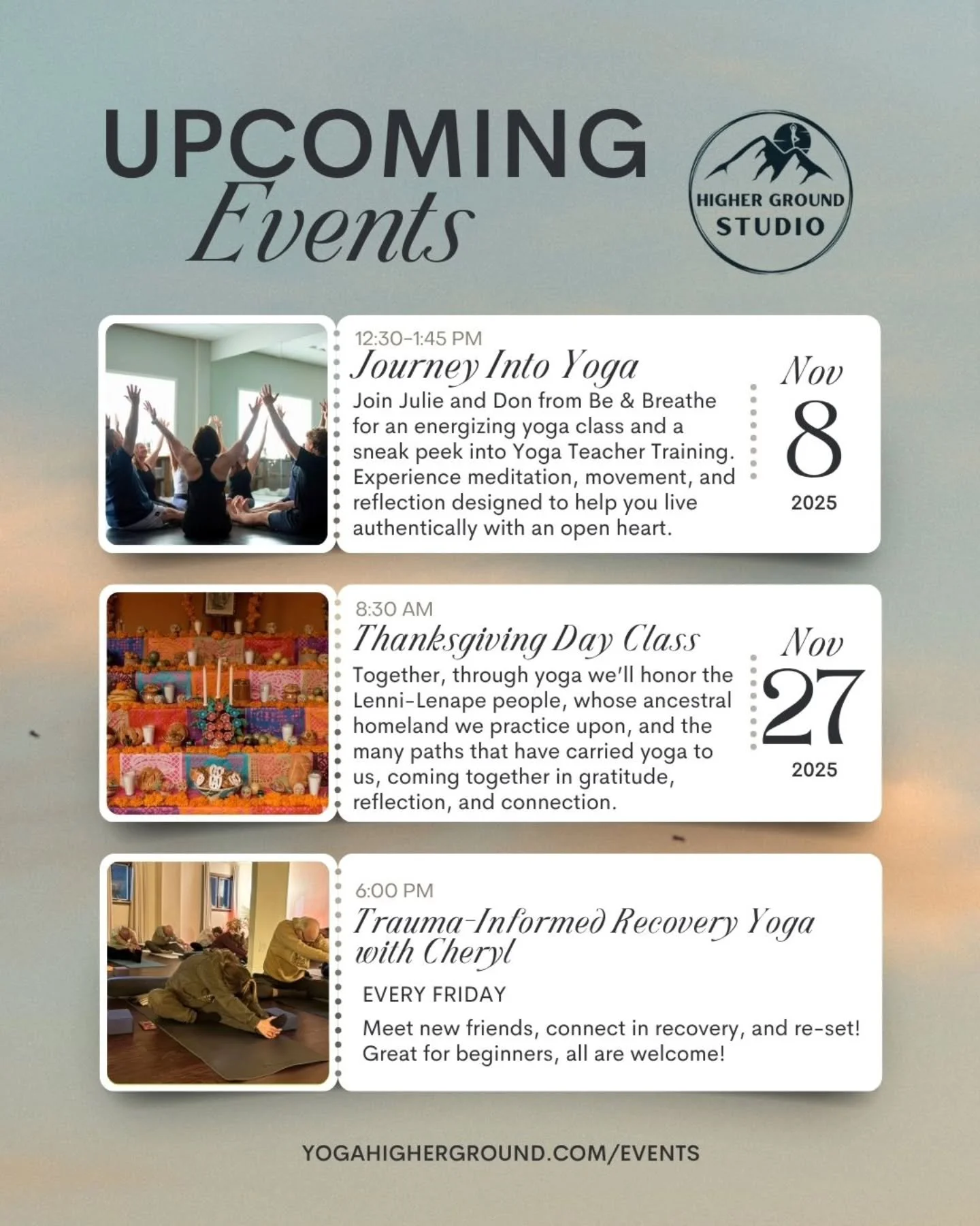 Some updates and upcoming events!🌟

This Saturday our Gratitude Ceremony is cancelled but hopefully we will have another date soon! We still have two classes Sat morning - 8am All-Levels Vinyasa with Jen and Slow Flow with Molly (sub)

𝗡𝗼𝘃 𝟴𝘁𝗵