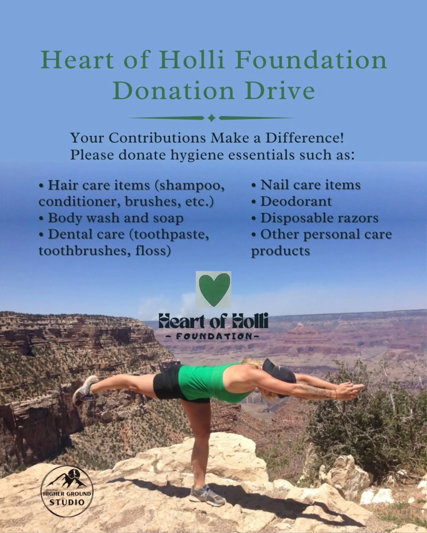 There is a box at the studio for our Heart of Holli Foundation Donation Drive! 💚 

The Heart of Holli Foundation is dedicated to supporting individuals in early recovery by bridging critical gaps in financial needs, providing scholarship funding for
