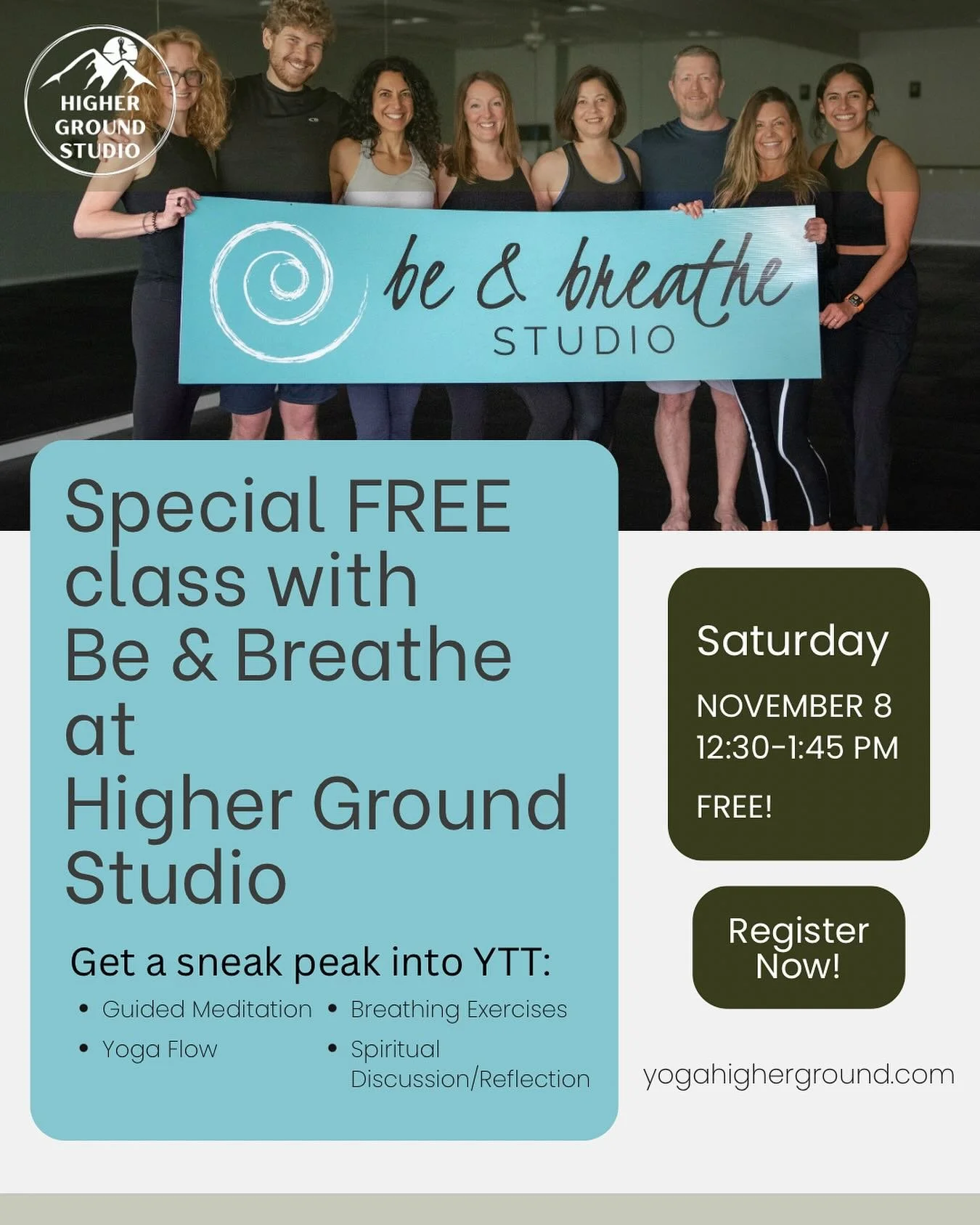 ✨ Special FREE Class Alert! ✨
Join us for a special collaboration with Be &amp; Breathe Studio at Higher Ground Studio 💫

Experience a sneak peek into what Yoga Teacher Training (YTT) feels like &mdash; with:
&bull; Guided Meditation
&bull; Yoga Flo