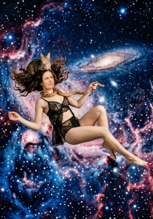 A woman in black lingerie and jewelry floating in space with a galaxy and stars background, with a cat sitting on her head.