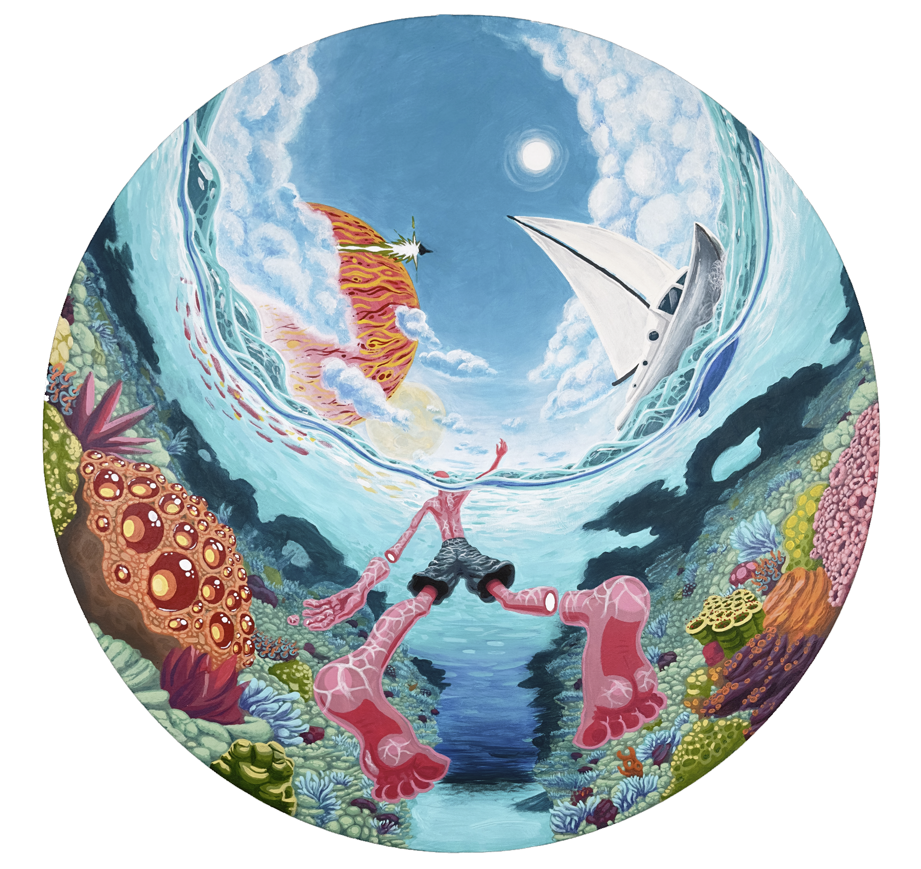Underwater scene with a scuba diver reaching towards the sky, underwater coral reefs on both sides, a sailboat on the water, a bright sun, and a colorful planet with a flame-like appearance in the sky.