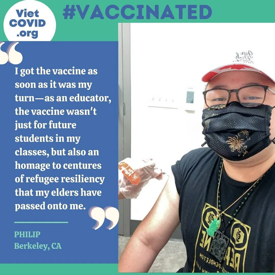 #VACCINATED 🎉💉 Featuring members of our community and their thoughts on why they got the vaccine!
...
Want to share your photo getting the vaccine and have it featured on VietCOVID.org or @VietAmHealth? Send a message to us or email it to vietcovid