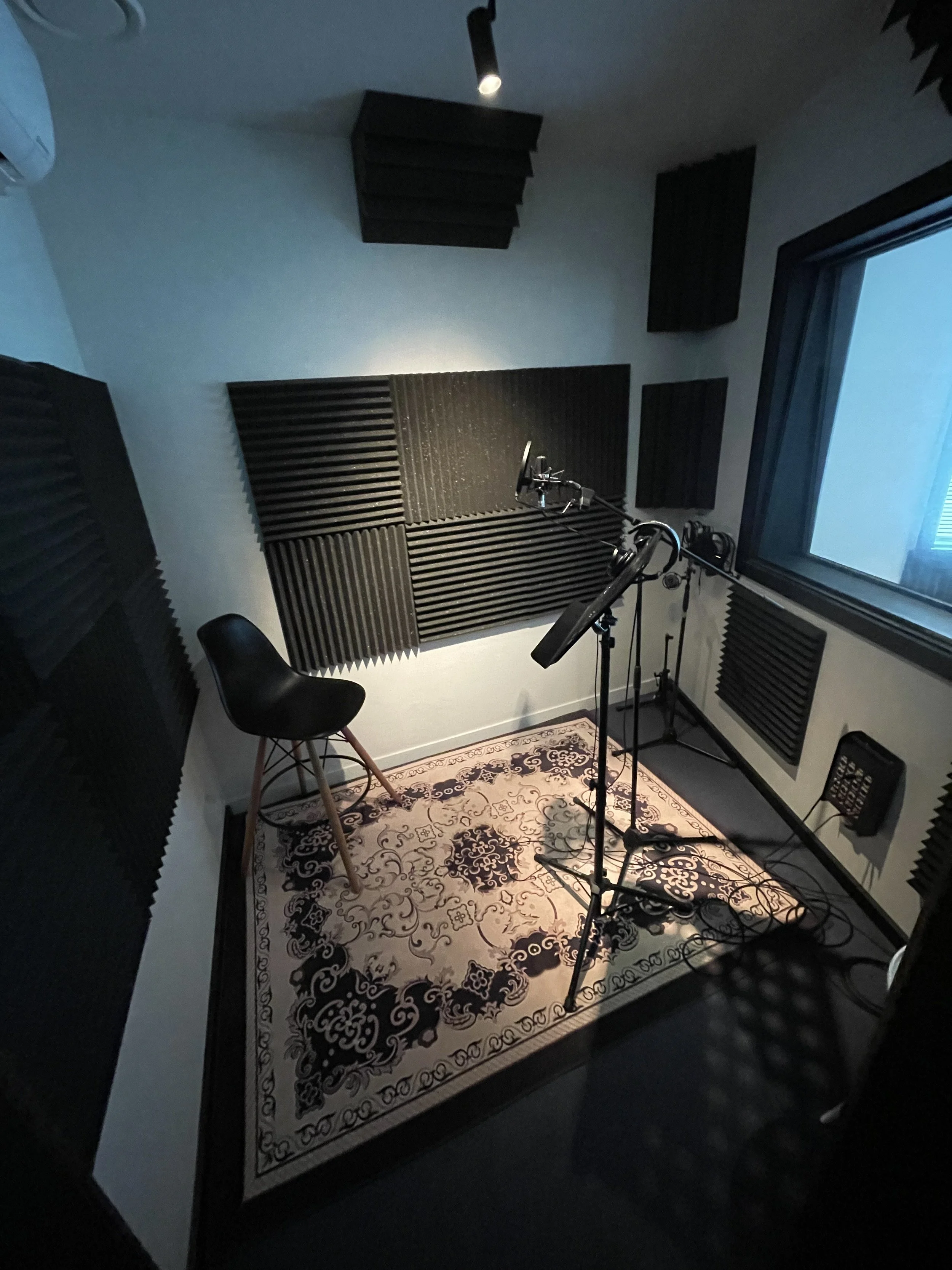 Recording studio with a microphone on a stand, a music stand, an acoustic chair, black soundproofing foam on the walls, and a patterned rug.