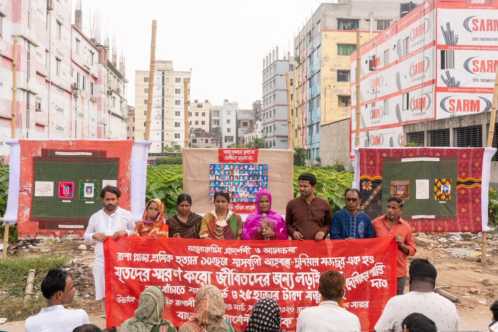   Nasima Akhter, the mother of a deceased worker Akhi and an organizer with Bangladesh Garment Workers Solidarity, is giving a speech at a protest rally demanding justice for the victims and survivors of the Rana Plaza disaster. The speech is part of