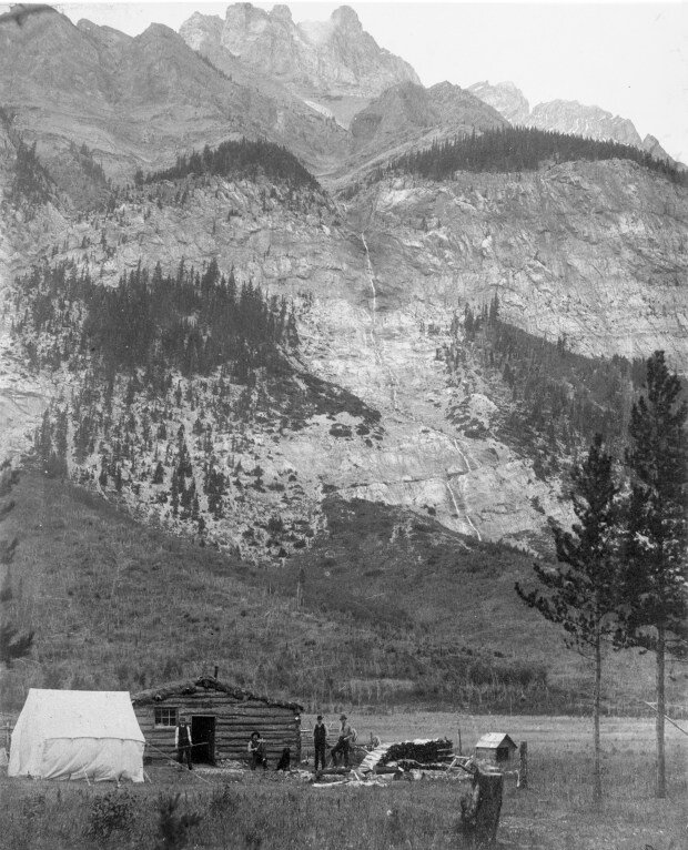   The first house at Banff spring – Siding 29 with George A. Stewart’s tent which served as his headquarters.&nbsp;Stewart was hired as the first Park Superintendent in 1886, and designed the initial layout of the Banff townsite!     Created by H. G.