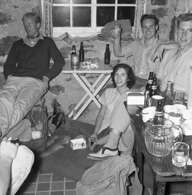   Hut life hasn’t changed much over the years!&nbsp;Relaxing after the Mt. Victoria Ski Race, 1956.     Photo by Bruno Engler, Plain of Six Glaciers Teahouse Courtesy of The Whyte Museum of the Canadian Rockies, V190 / I.A.i.a. – 4 / NA – 13  