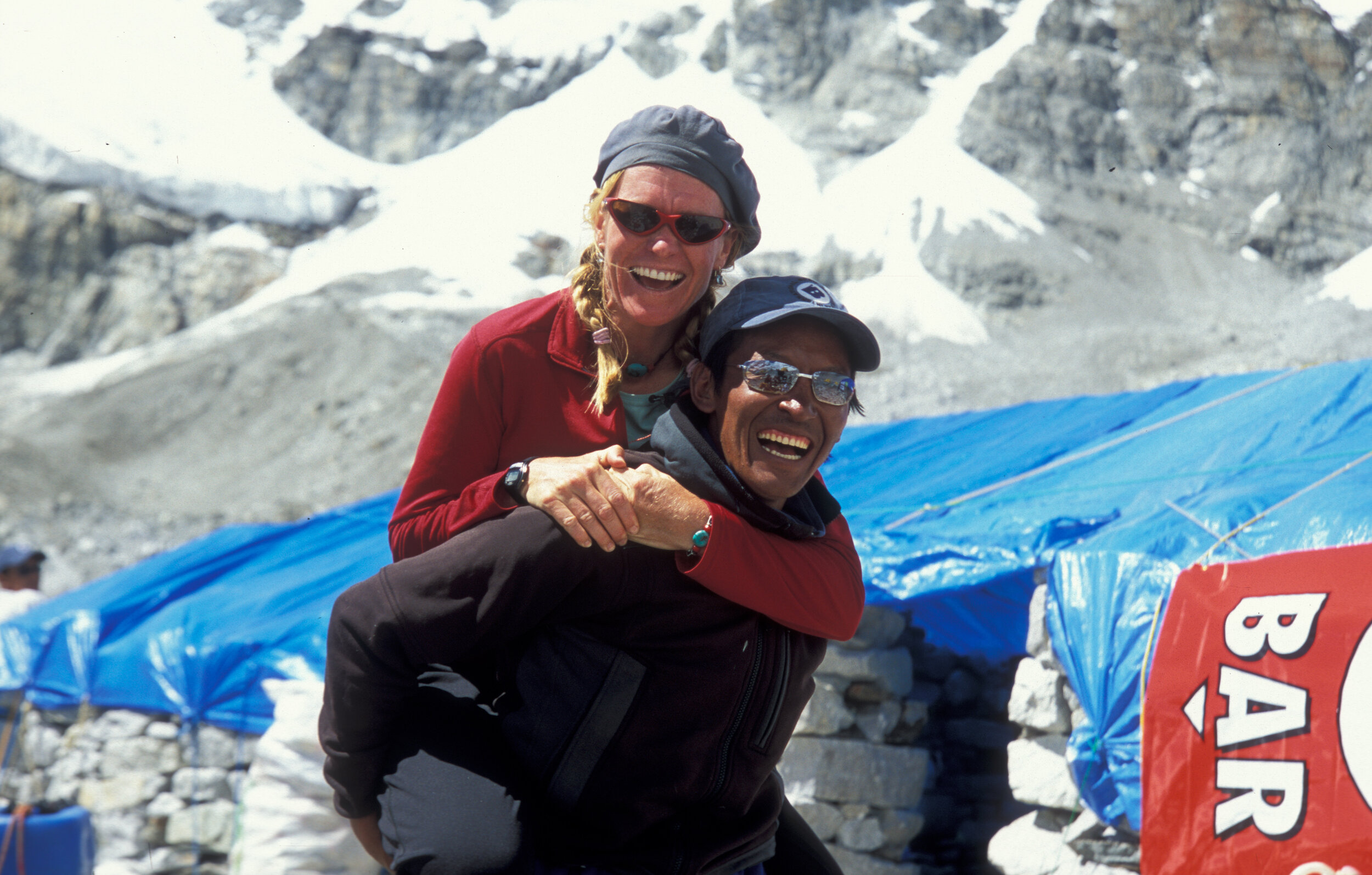  Maegan sharing a laugh and good times with one of our favourite climbing Sherpa, Lakpa Galygze, Everest Base Camp 2003 Photo Wally Berg 