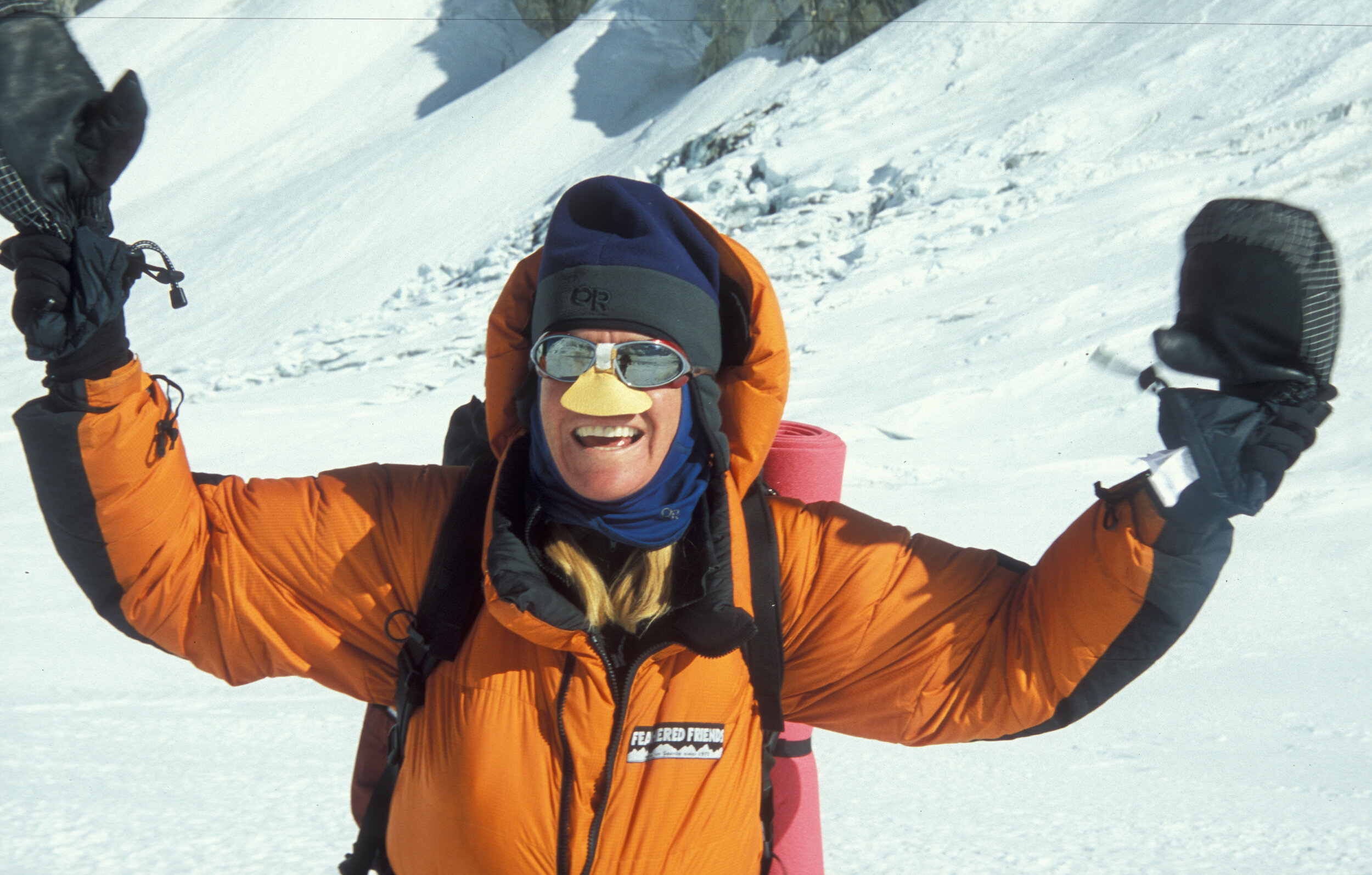  Maegan Carney with mountaineers nose protection, Everest Camp II, October 2003. Photo Wally Berg 