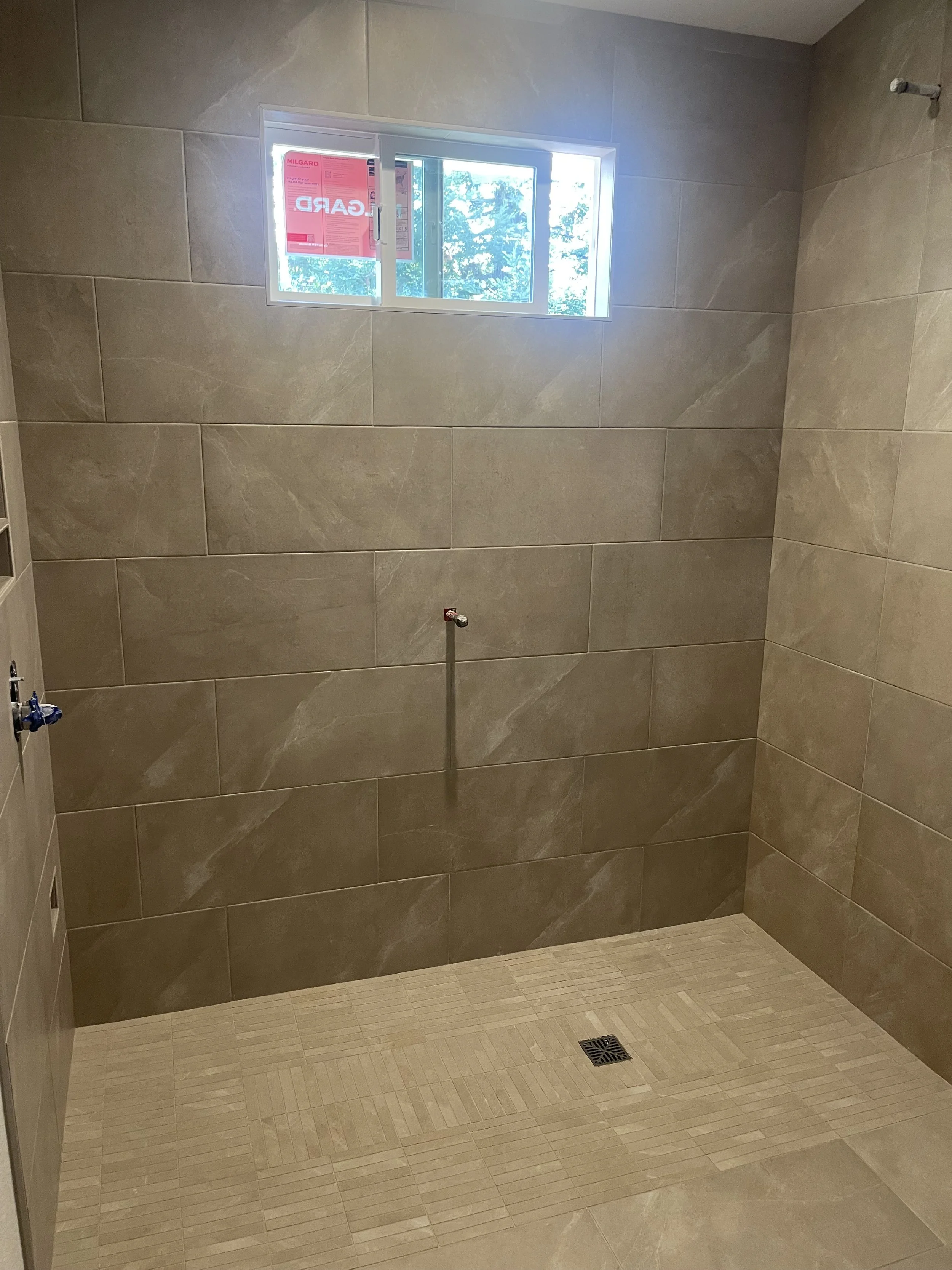 Tiled shower & floor, added shaving shelf