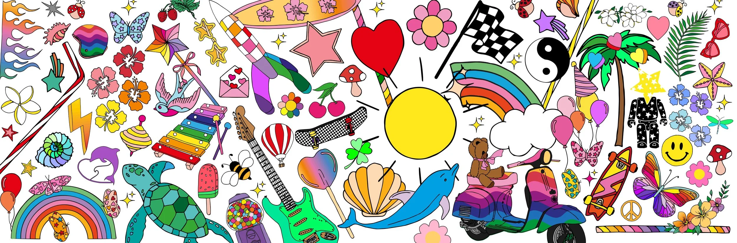 Un collage coloré de nombreux objets et symboles fantaisistes, notamment des fleurs, des arc-en-ciel, des étoiles, des papillons, des animaux comme une tortue et un dauphin, des instruments de musique, des symboles de paix, des cœurs, des éléments de