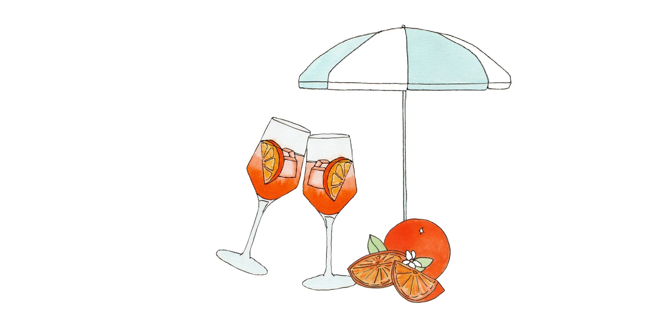 Deux verres de cocktail à l'orange, une orange entière et des tranches, une parasol de plage, et des fleurs blanches