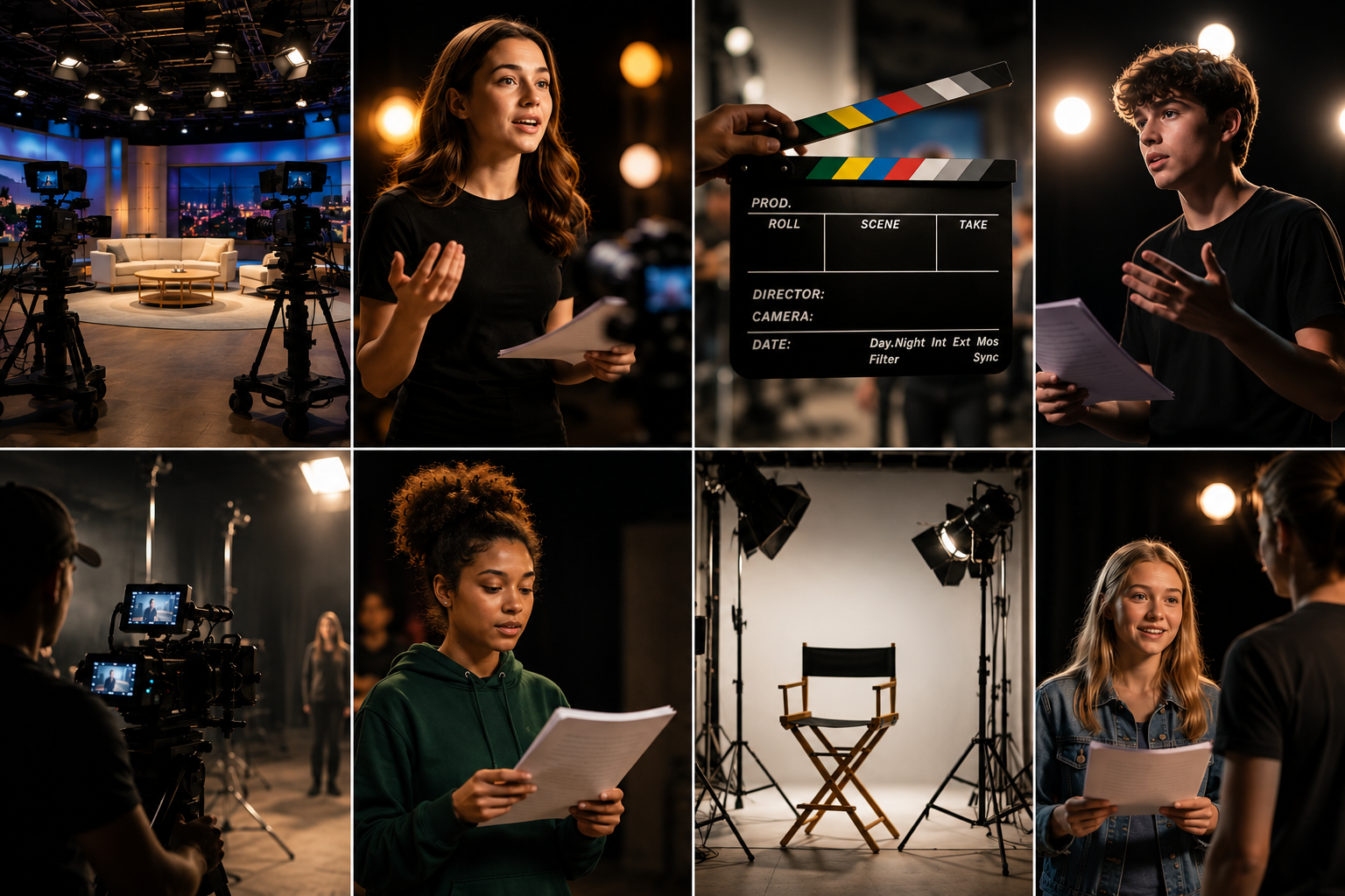 A collage of scenes from a film or TV production studio featuring cameras, lighting equipment, directors, actors, and a director's chair, with people reading scripts to accompany our Alumni page