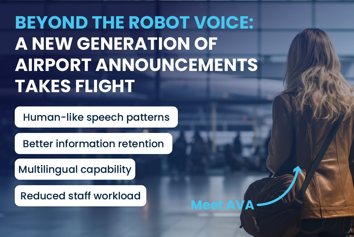 Airport professional wearing headset with text highlighting human-like speech patterns, better information retention, multilingual capability, and reduced staff workload benefits