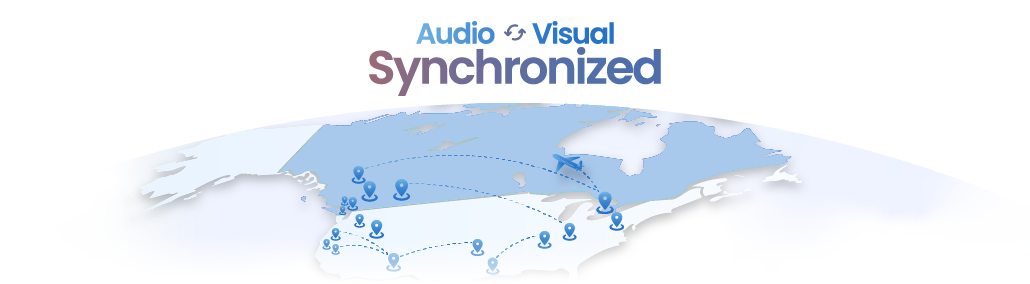 Audio Visual Synchronized network map showing Airport CX connectivity across Canadian airports from coast to coast
