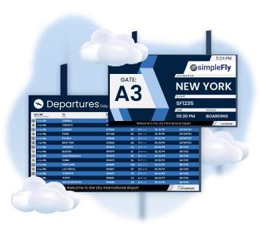 Airport departure board display showing flight information for destinations including New York with gate A3 assignment.