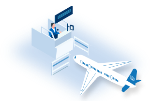 Blue illustrated airplane on runway with control tower and flight path graphics representing airport operations database.