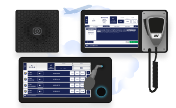 Collection of airport hardware devices including black nnounce audio unit, tablet touchscreen interface, and handheld communication device.