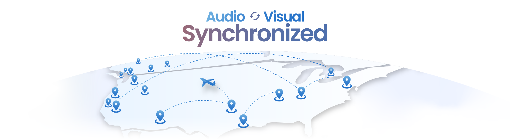 Illustrated map showing blue location pins connected by lines across US airport terminals with an airplane, representing synchronized audio and visual communication network.