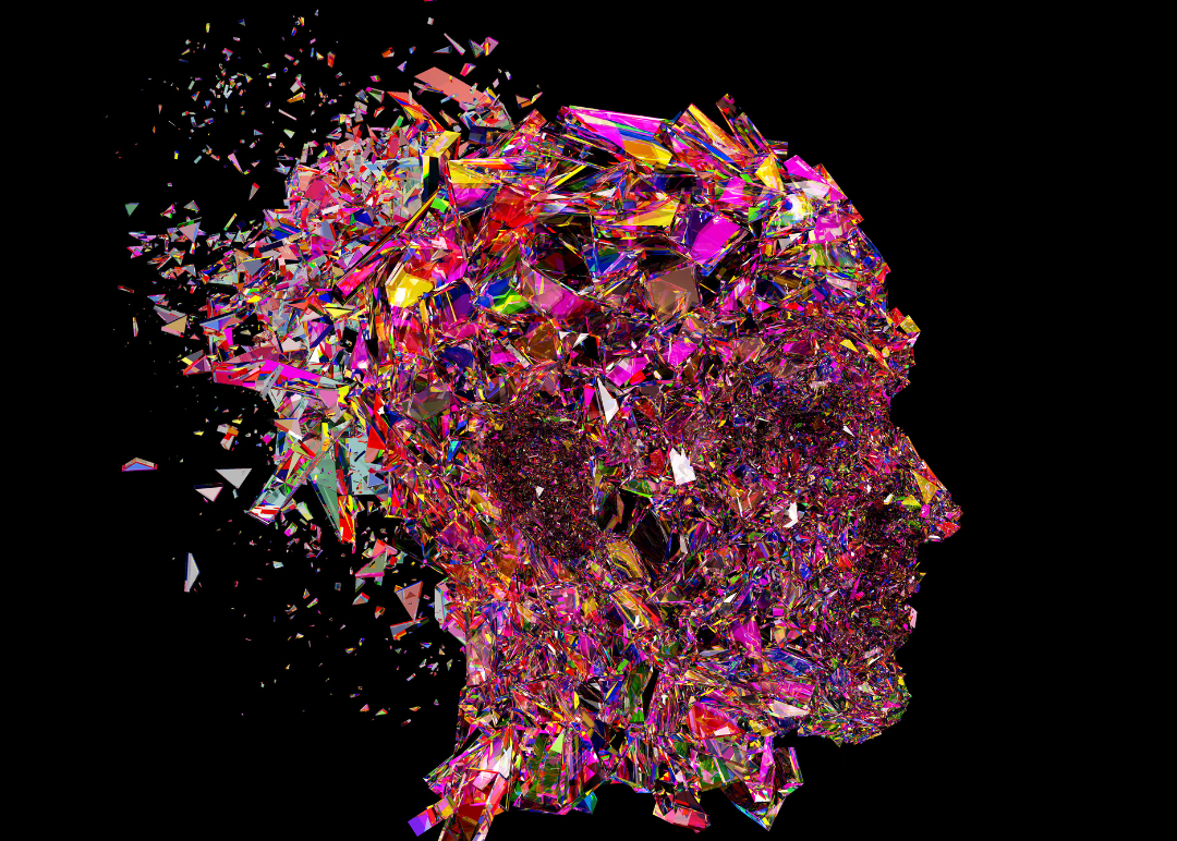 Abstract digital art piece depicting a fragmented human profile made of colorful, reflective shards against a black background.