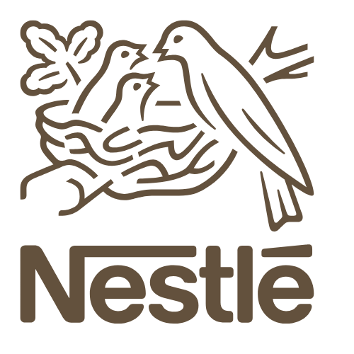 Nestlé logo featuring a bird with three chicks in a nest on a branch, with a leaf nearby.