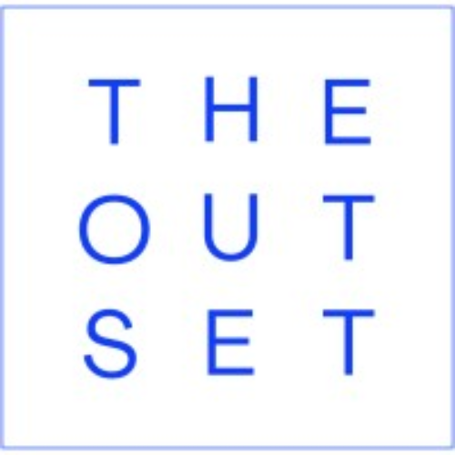 Image displaying the phrase 'THE OUT SET' arranged in a grid with blue capital letters on a white background.