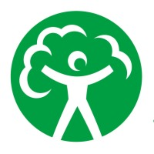 Green circular logo with a white cartoon character raising arms, similar to a person with a cloud-like shape around the head, symbolizing environmental or health awareness.